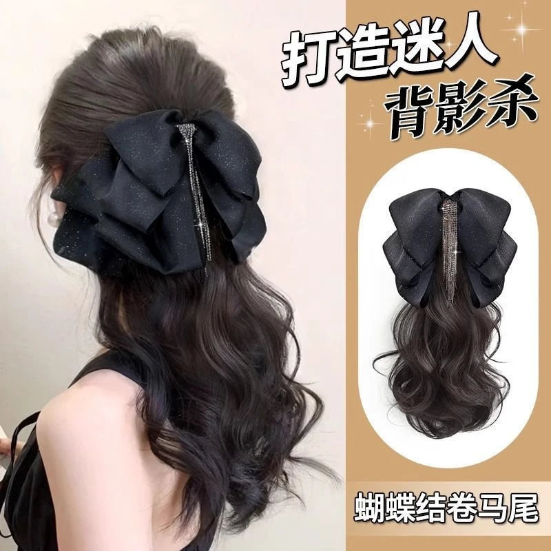 网红女流苏蝴蝶结超仙黑色微卷气质女神仿真发低仙女卷发一体公主
