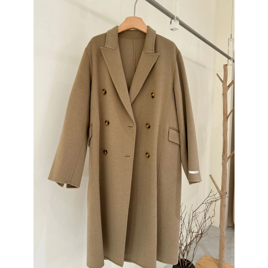 YIDA【奢感极光】100%羊毛气质大衣女双面呢西装领长款毛呢外套冬