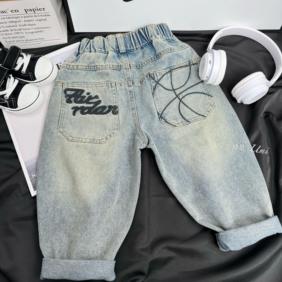 1新款2024【篮球线】休闲韩版男童儿童女童软牛仔裤裤子百搭长裤