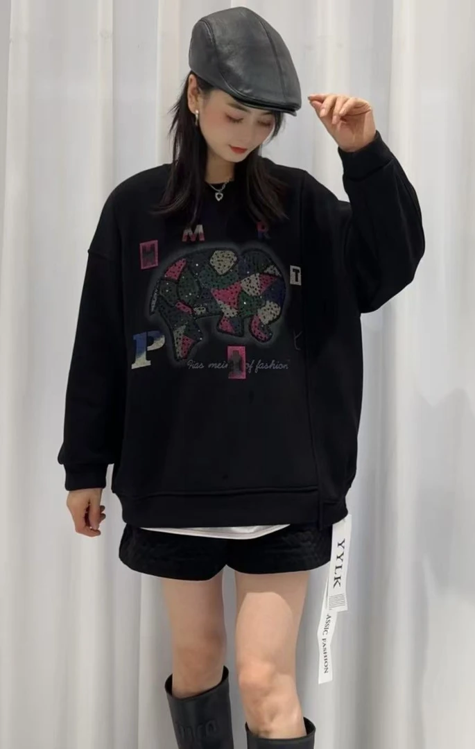 【韩衣舍】大象印花加绒卫衣宽松圆领加厚秋冬休闲百搭长袖上衣