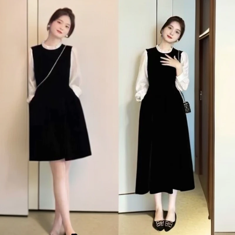 法式赫本风假两件黑色连衣裙女2025春秋新款大码宽松显瘦中长裙子