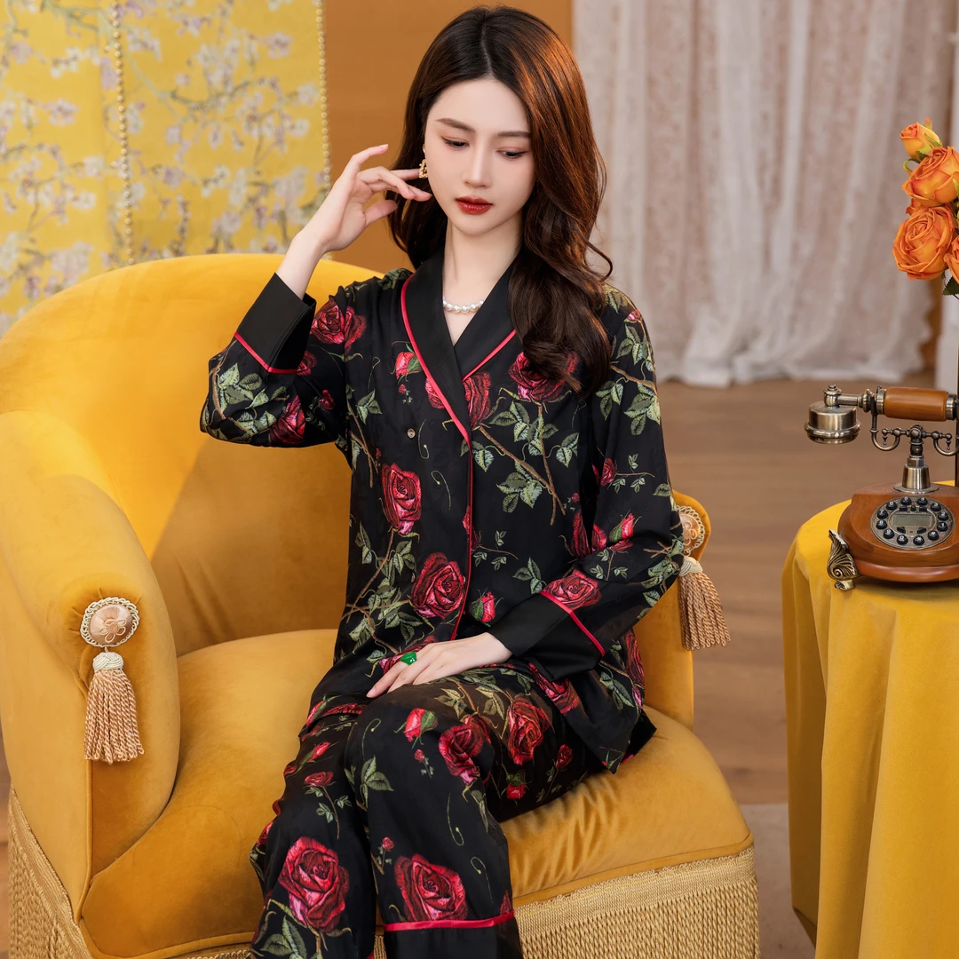 达芬奇密码黑金玫瑰新款爆款提花高档睡衣女士家居服套装可外穿