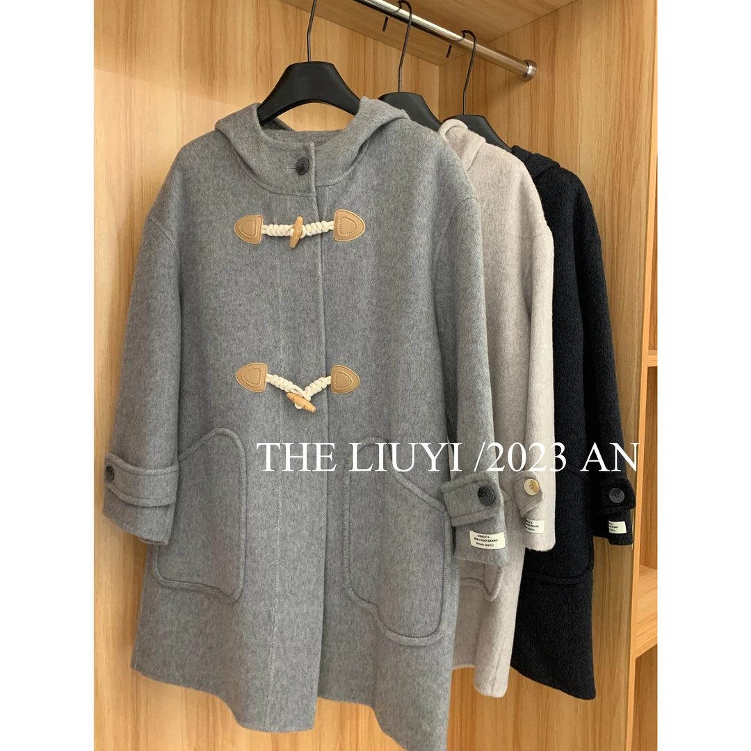 【LIUYI】瑞士雪山~绵羊毛双面尼牛角扣连帽大衣38235