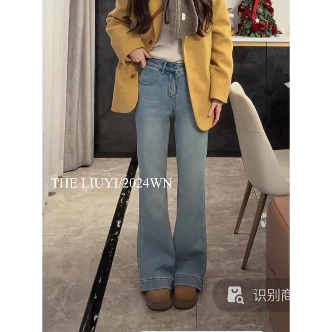 【LIUYI】 瘦瘦裤~冬季加绒加厚高腰牛仔浅蓝色牛仔喇叭裤411275