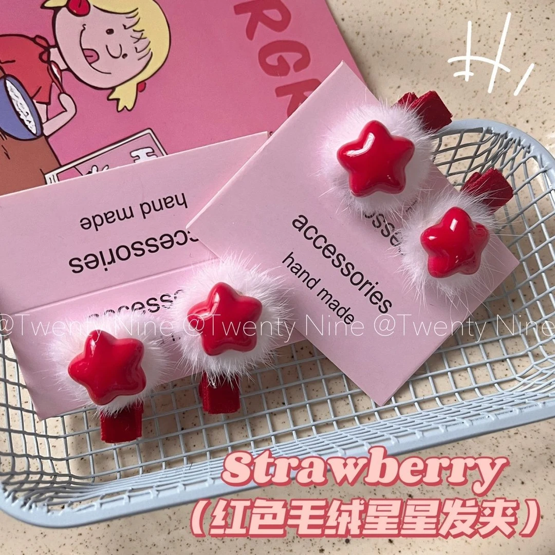温暖毛绒蝴蝶结红色星星发夹新年刘海夹甜美少女边夹甜春节发饰