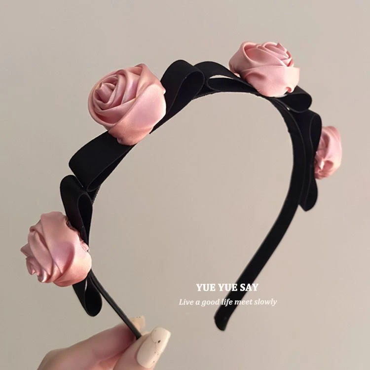 玫瑰法式氛围感缎面粉色气质花朵发箍复古小众高颅顶蝴蝶结头箍