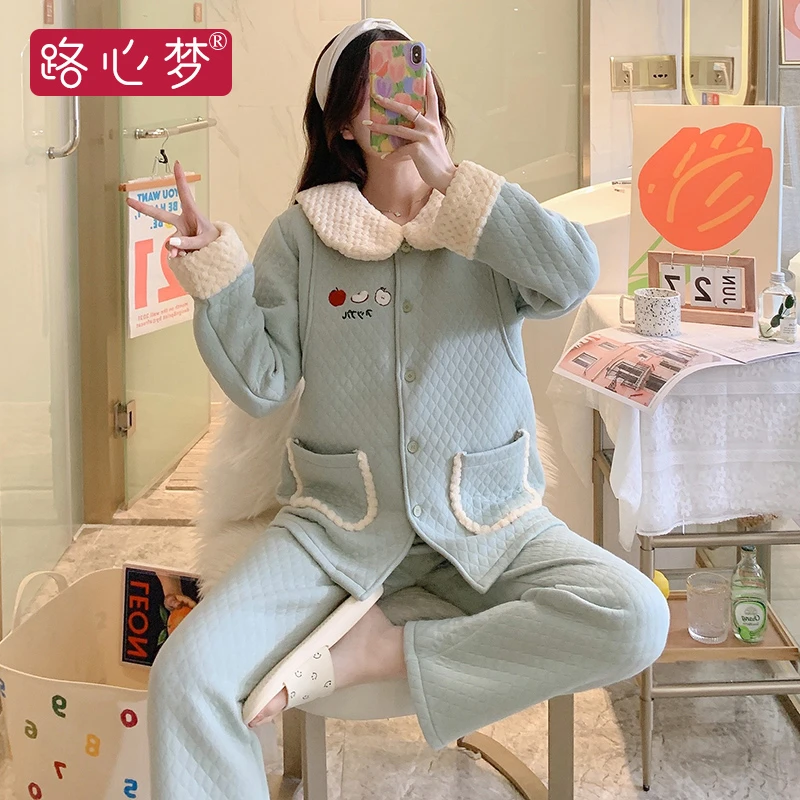 路心梦冬加绒加厚月子服产后孕妇纯棉睡衣产妇哺乳喂奶衣出院服