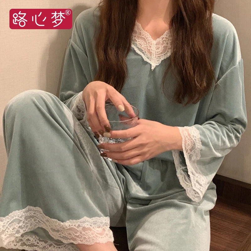 路心梦韩版睡衣女秋冬季珊瑚绒家居服棉蕾丝金丝绒睡服两件套长袖