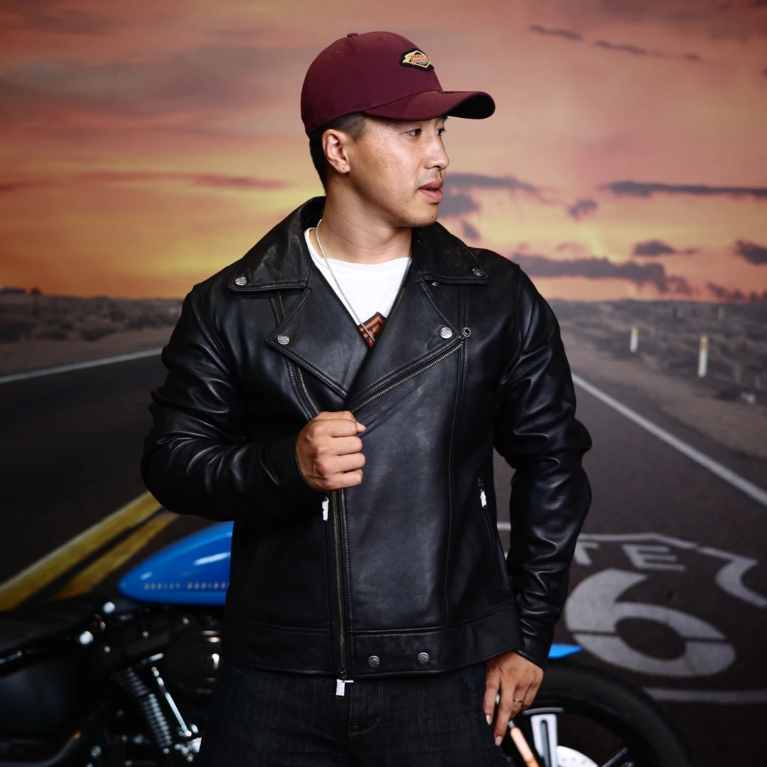 经典斜拉链羊皮休闲大翻领浮雕logo机车皮衣男士男士