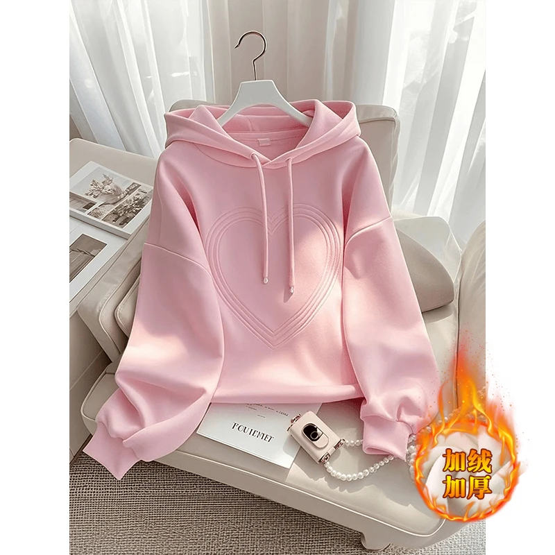 韩系粉色女款连帽卫衣2026年秋冬季新款时尚洋气设计感小众女上衣