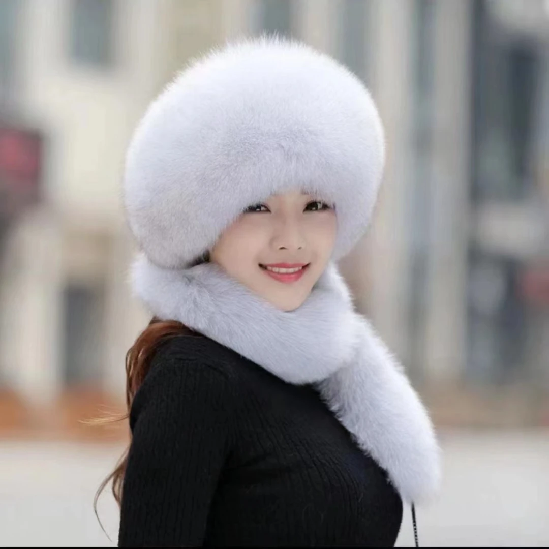 凯豪硕齐真皮真毛狐狸毛围巾帽舒适保暖女士皮草帽子