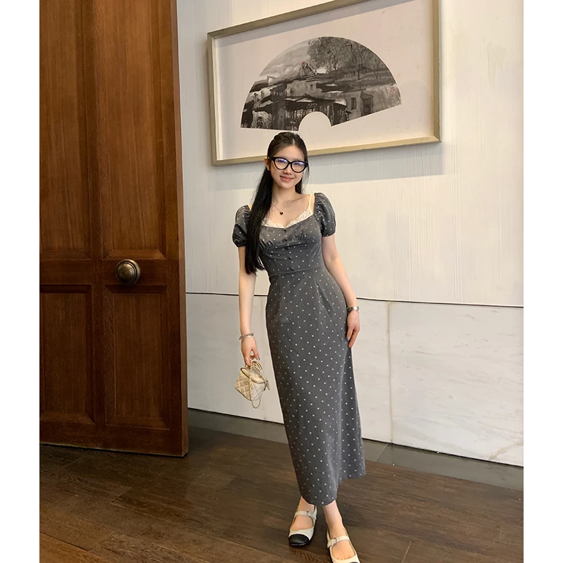 王少女【清清】 灰色波点蕾丝边修身连衣裙胖mm显瘦裙L22167S42
