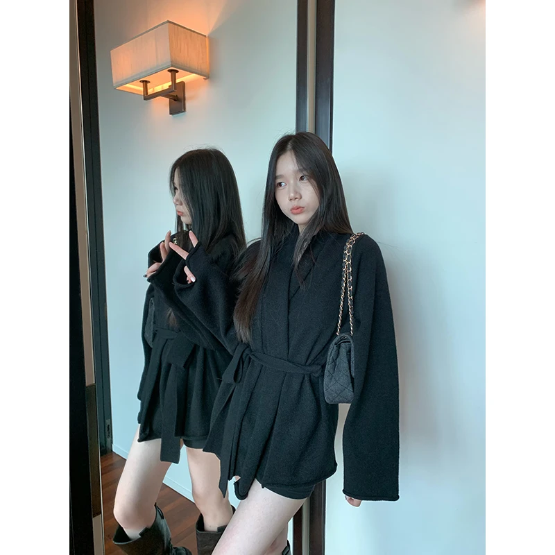 王少女【浮力款】黑色宽松长袖毛衣外套女装赫本风开衫 G25301S44