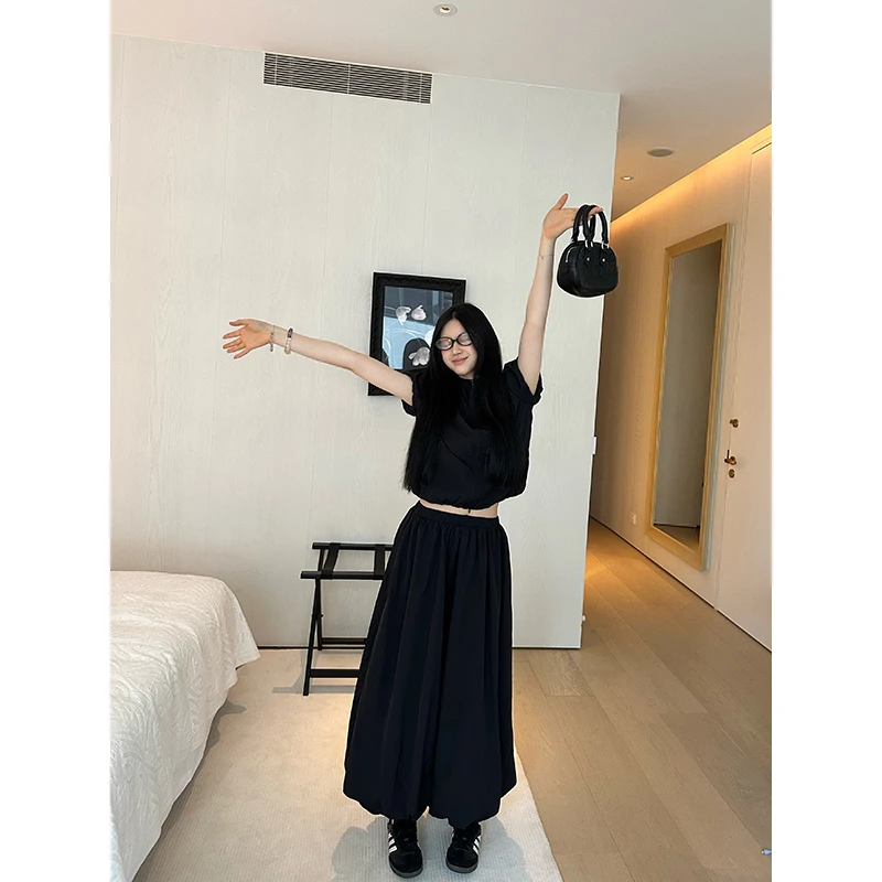 王少女【清清】黑色宽松松紧腰长裙 B20811S42