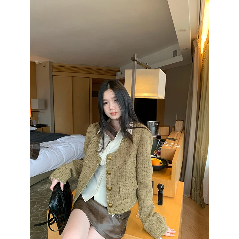 王少女【清清】卡其色韩版小香风粗花呢时尚秋季短外套W23906S43