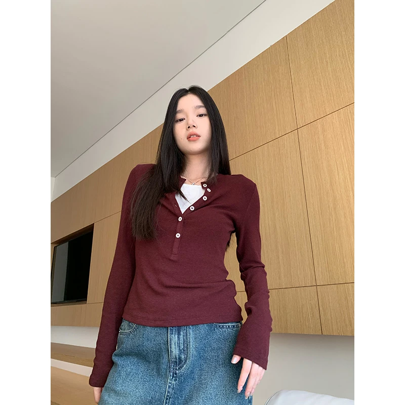 王少女【清清】 红色假两件长袖针织衫秋季随性时尚上衣 Z24654S43