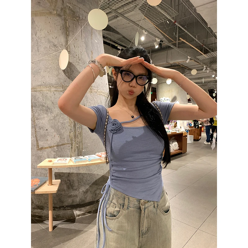 王少女【清清】蓝色小众修身设计感短款圆领短袖T恤 T18977S42