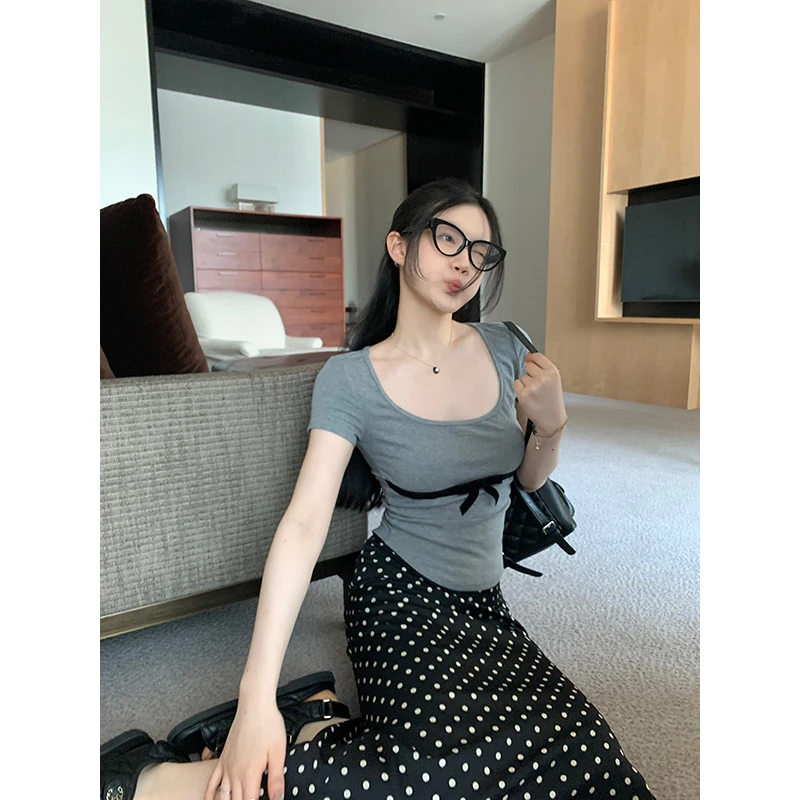 王少女【清清】灰色修身蝴蝶结撞色短袖针织衫显瘦上衣 Z19823S42