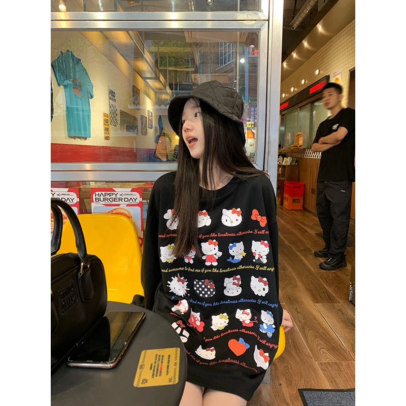 王少女【清清】黑色趣味卡通印花长袖卫衣情侣装宽松上衣 R25719S43