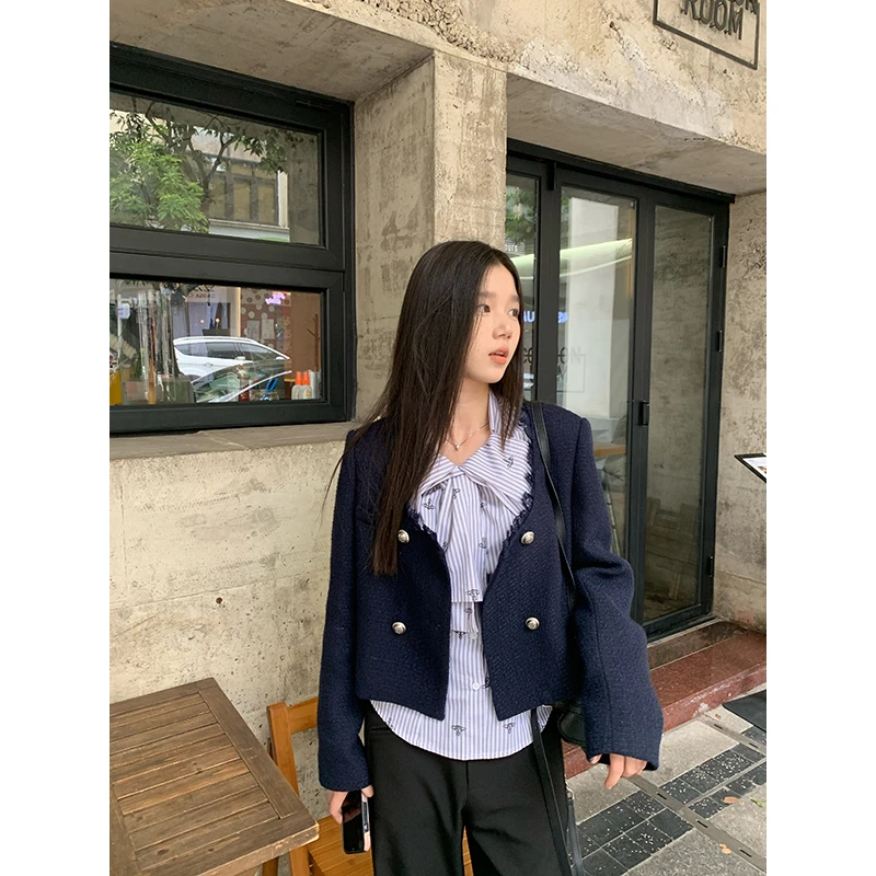 王少女的店【清清】藏蓝色宽松小香方领外套秋冬保暖上衣 W25708S43