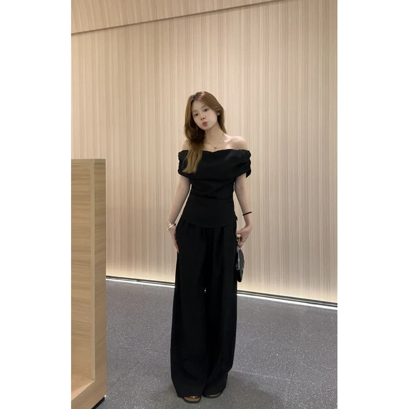 王少女【清清】黑色松紧腰直筒休闲裤套装 K22869S42