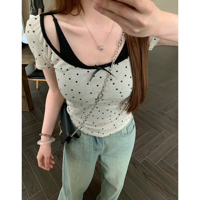 王少女【清清】 白杏波点印花薄款针织衫显瘦上衣Z21198S42