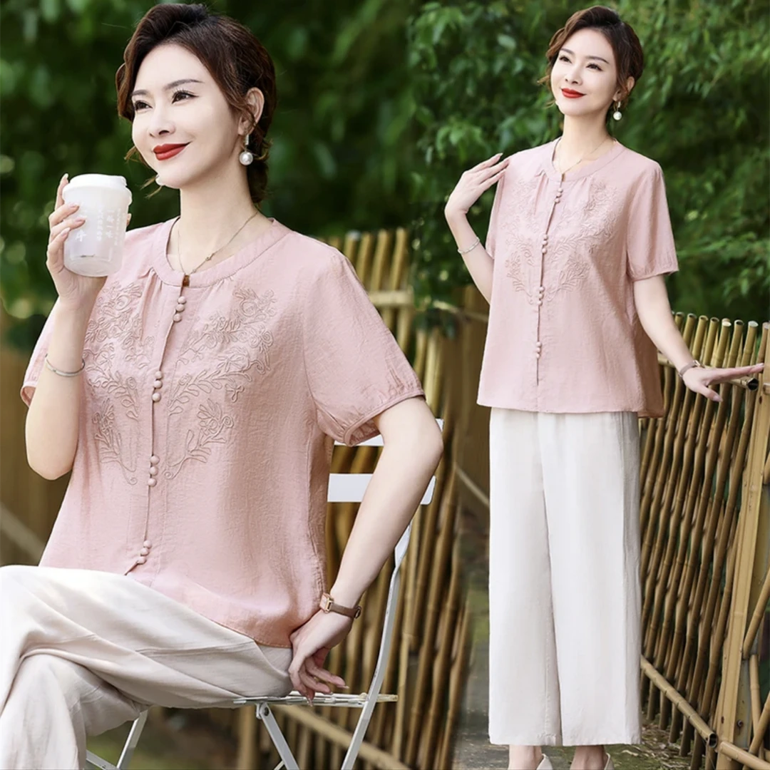 妈妈气质新中式国风短袖女夏装时尚中老年夏季洋气减龄2024上衣服