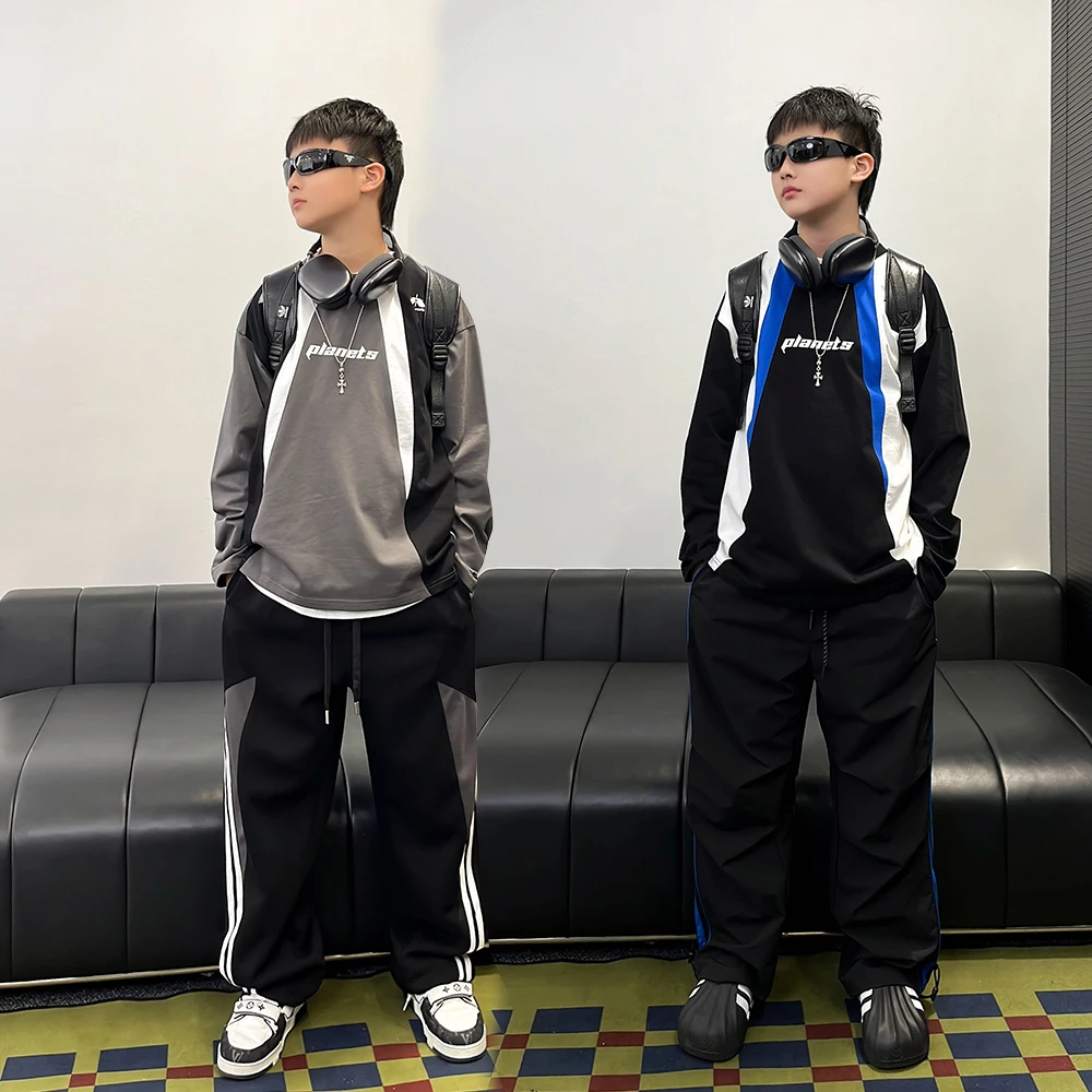 CX3692小赖家青少年衣服2024年春秋款中大童撞色长袖宽松圆领上衣