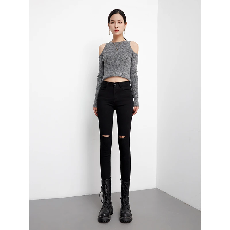 破洞牛仔裤女黑色高腰小脚九分2025春夏新款塑形修身弹力显瘦显高