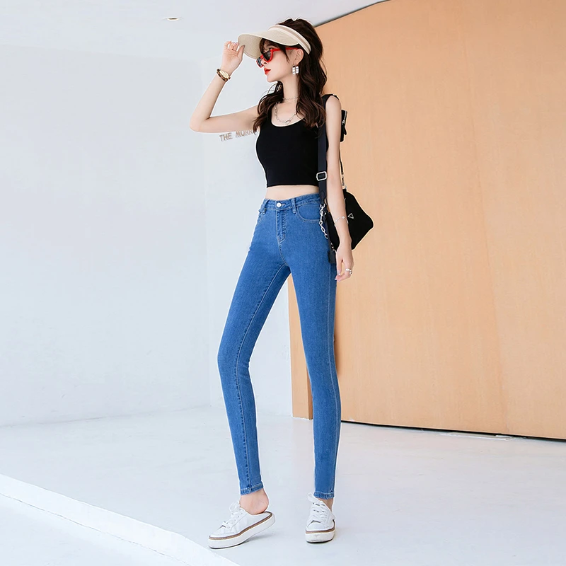 高腰蓝色牛仔裤女九分显瘦显高修身铅笔小脚2025春夏新款塑形紧身