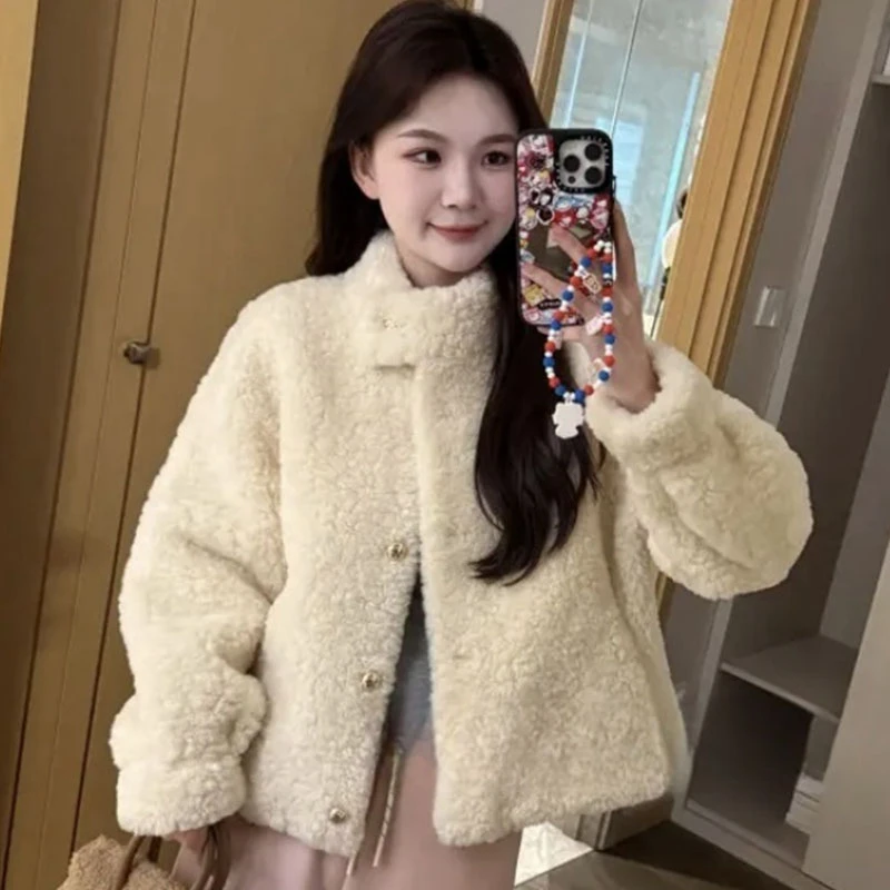 今年流行皮毛一体颗粒绒加厚保暖上衣女冬季加厚洋气立领毛毛外套