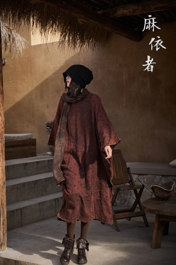 麻依者原创设计 2024春季新款植物染复古亚麻盘扣连衣裙 1222