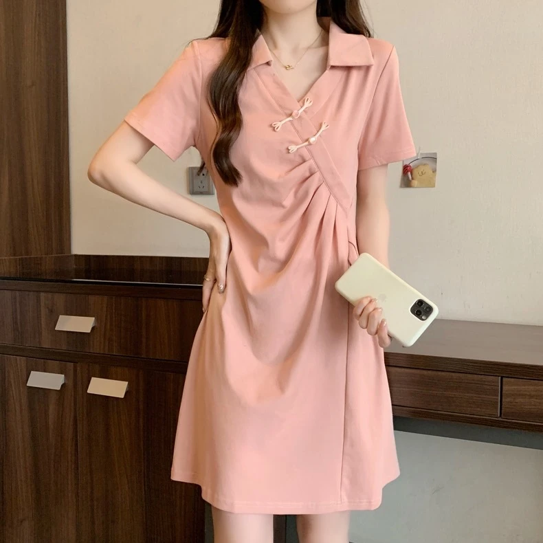 新中式国风短袖连衣裙大码女装胖mm夏季梨形身材遮肚显瘦a字裙子