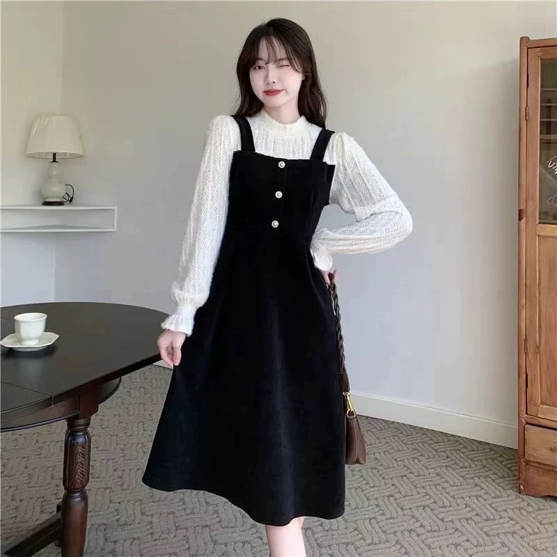 大码小香风撞色假两件收腰长袖蕾丝连衣裙女秋季胖mm显瘦中长裙子