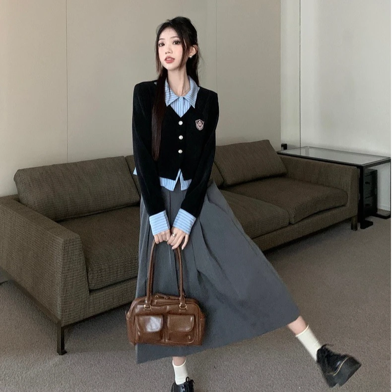 学院风套装女假两件POLO领长袖衬衫上衣秋季高腰百褶半身裙两件套