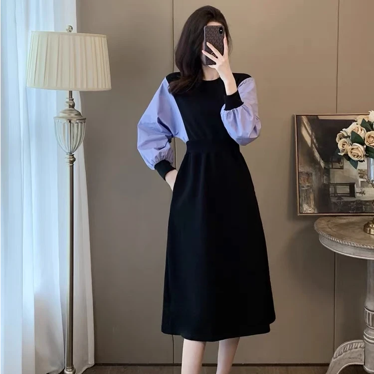 法式轻熟风拼色连衣裙女2024年秋季新款收腰显瘦时尚气质黑色裙子
