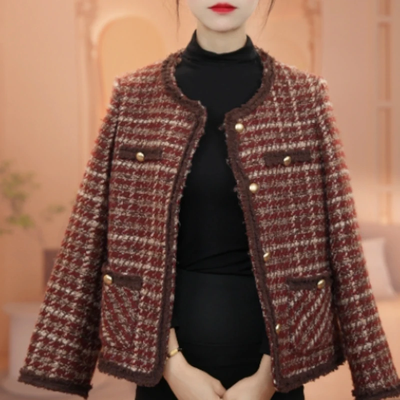 法式小香风外套女2025早春新款显瘦时尚百搭格子短外套中年上衣女