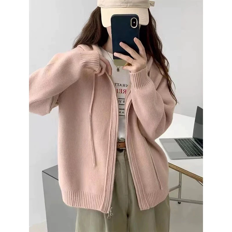 【是张开心】粉色双拉链连帽毛衣开衫外套女秋冬季韩慵懒风针织外套