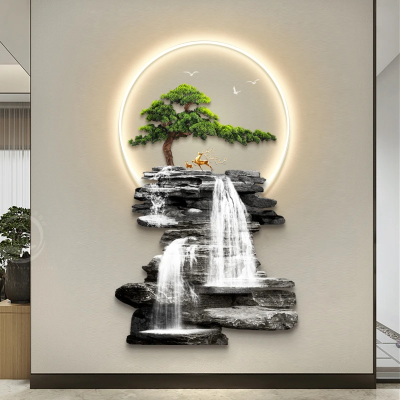 轻奢新中式山水流水玄关壁画立体发光玄关装饰画走廊餐厅过道挂画
