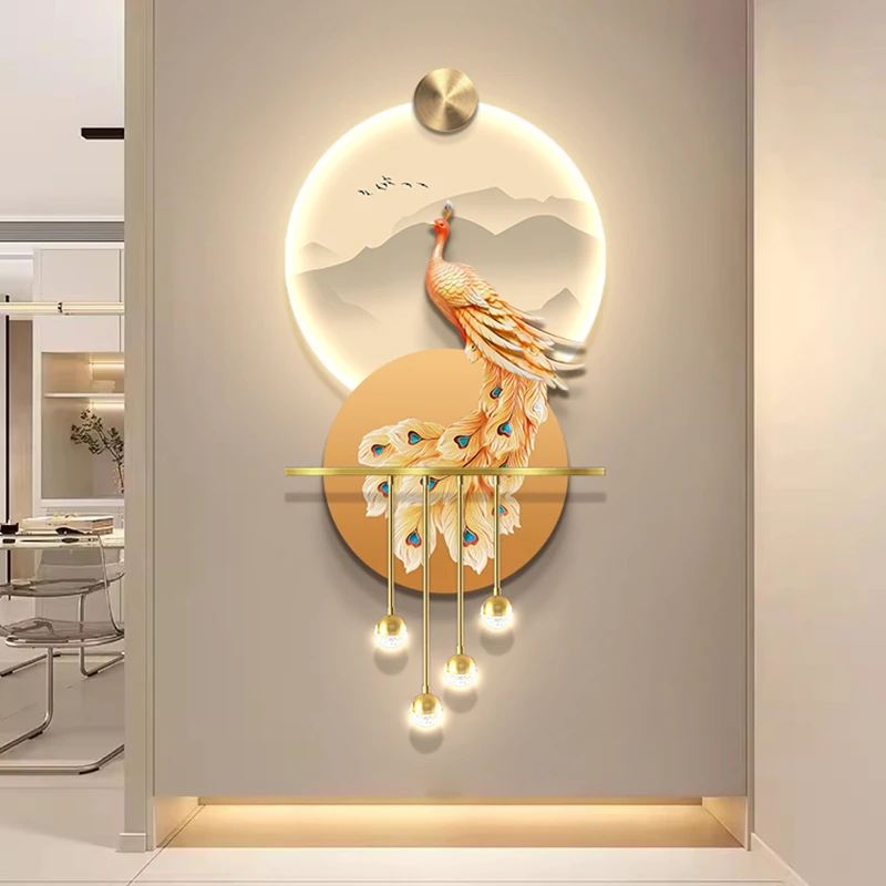 孔雀玄关装饰画现代新中式高档走廊尽头寓意好的立体led发光挂画