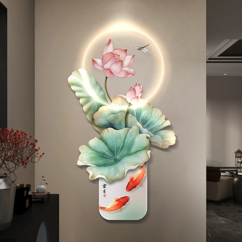 新中式荷花鲤鱼入户玄关装饰画高级感led氛围灯画走廊过道壁挂画