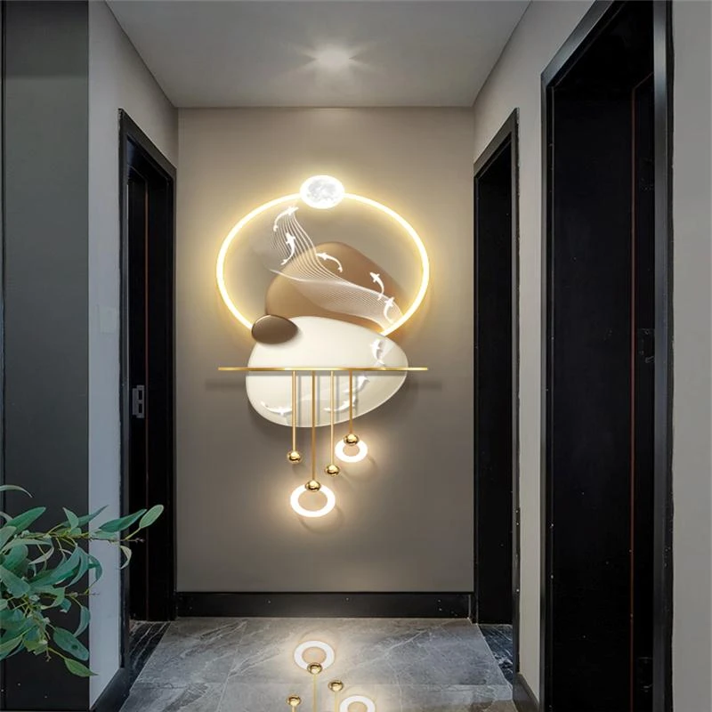 时来运转玄关装饰画5d立体九鱼图挂画走廊过道轻奢高级感led壁画