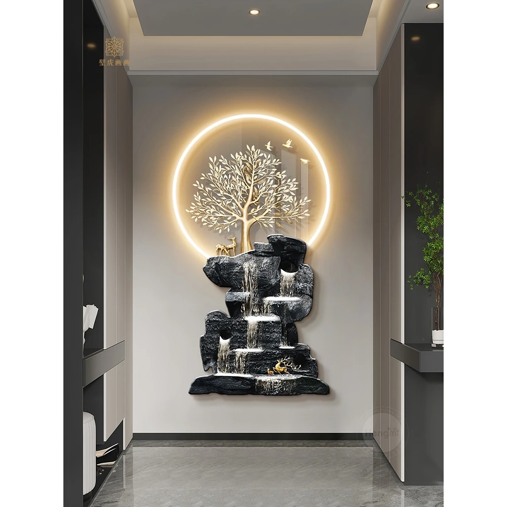 流水生财玄关装饰画新中式发财树挂画轻奢高级感走廊过道发光壁画