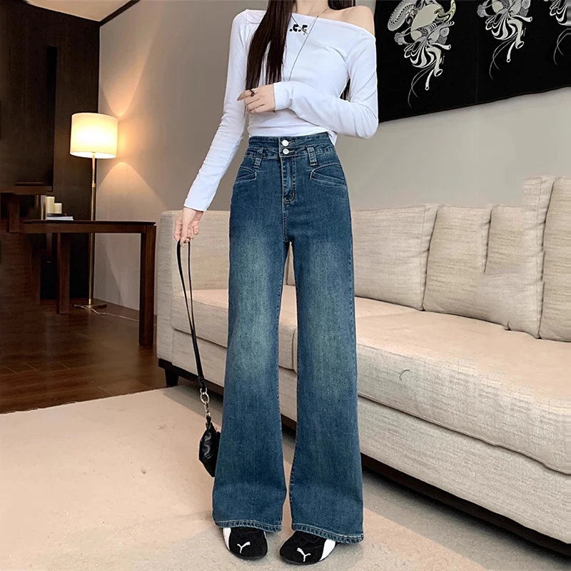 蓝色美式vibe风微喇裤女2024秋季大码微胖mm高腰遮肉显瘦牛仔裤子