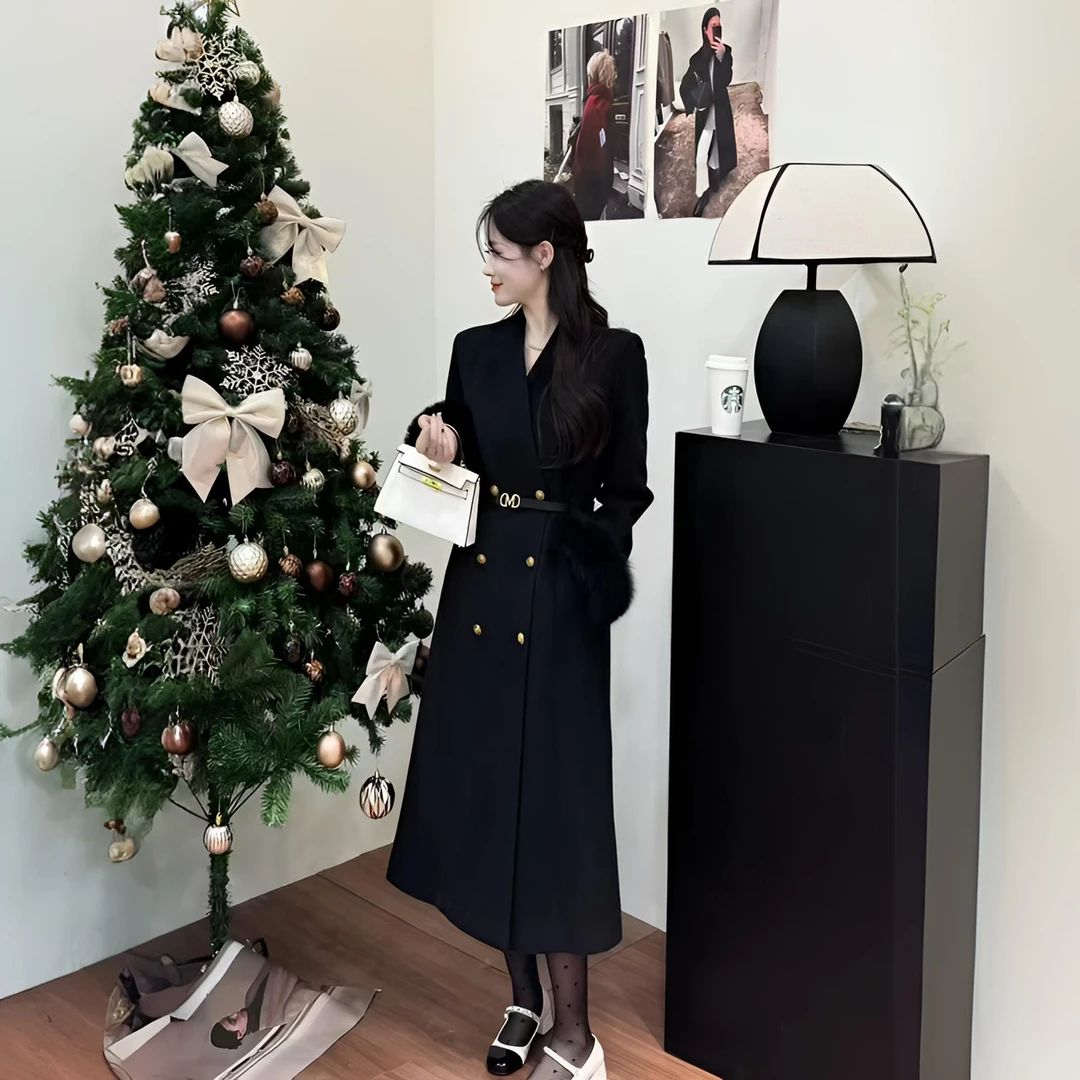 QUEEN名媛风V领系带韩版羽绒大衣(时尚轻奢洋气百搭显瘦秋冬黑色)