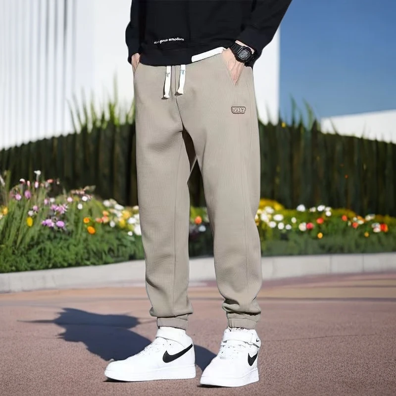 重磅卡其色束脚卫裤男休闲夏季薄款青少年ins潮牌情侣运动长裤