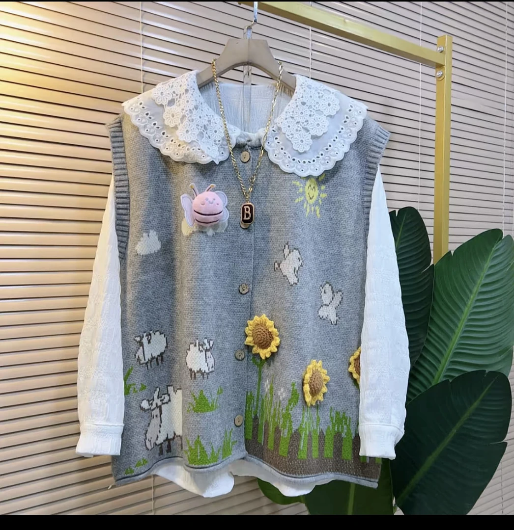 秋冬针织衬衫马甲立体向日葵多巴胺胖妹妹秋季款森系减龄开衫坎肩