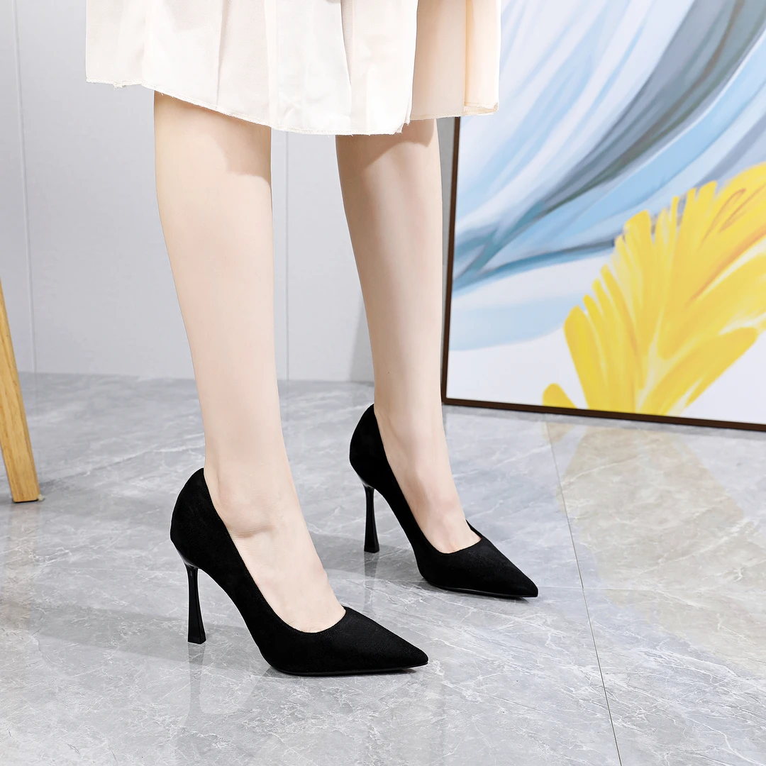 【10公分∽7公分】升级款2023新款时尚绒面气质百搭高跟单鞋女