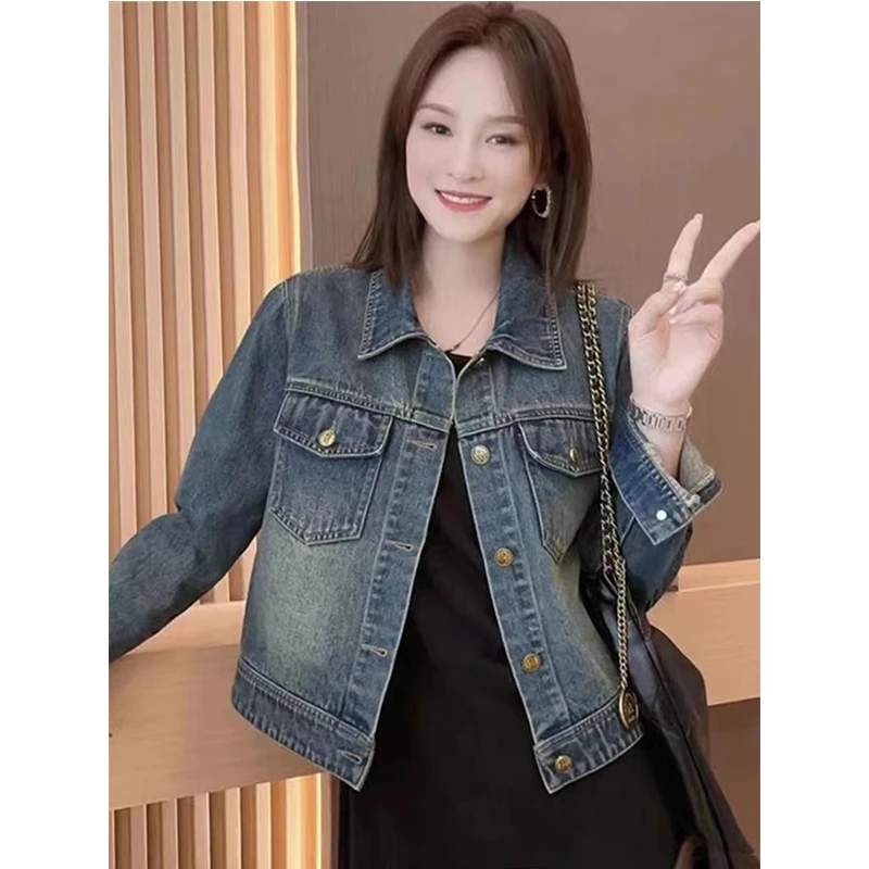 复古短款牛仔外套女2024年秋季新款显瘦百搭POLO领长袖夹克上衣潮