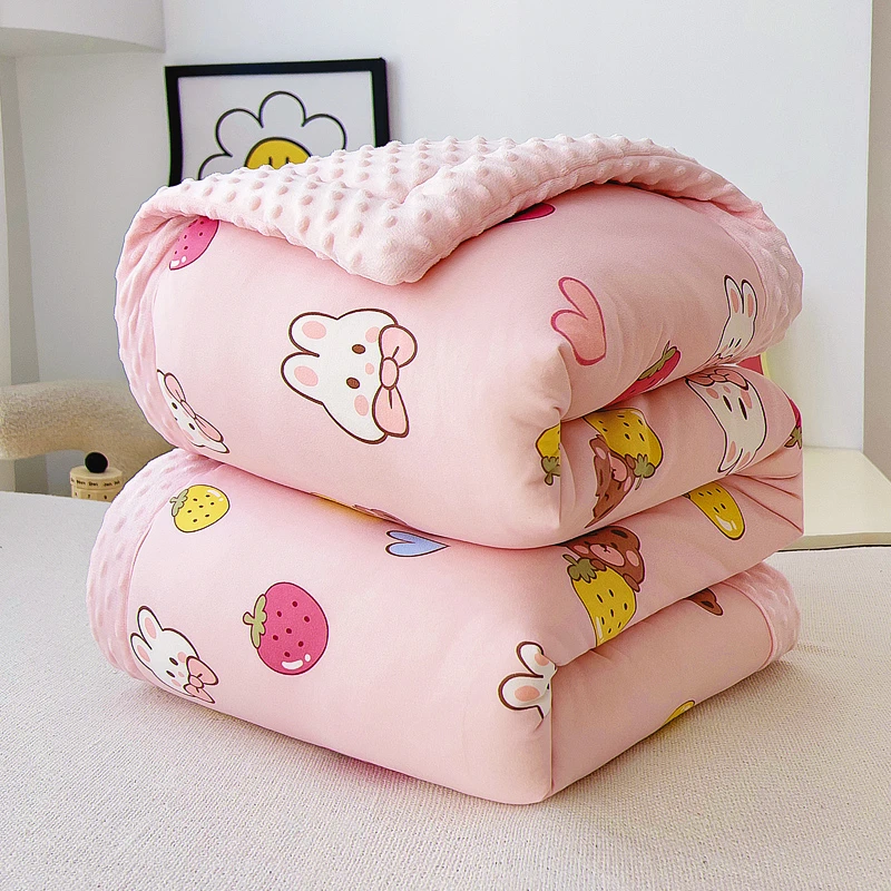 卡通风草莓兔儿童A类针织棉豆豆绒大豆被幼儿园女孩春秋被冬被芯